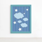 Quadro Ursinho Príncipe Nuvens Moldura Azul 22x32cm