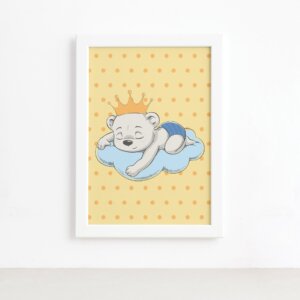 Quadro Ursinho Príncipe na Nuvem Moldura Branca 22x32cm,Quadro Ursinho Príncipe na Nuvem Moldura Branca 22x32cm