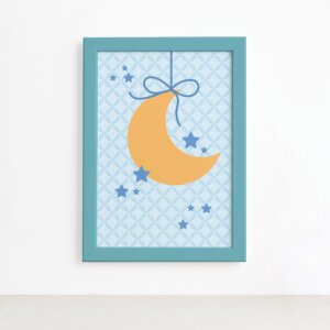 Quadro Infantil Ursinho Príncipe Lua Moldura Azult 22x32cm,Quadro Infantil Ursinho Príncipe Lua Moldura Azult 22x32cm