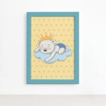 Quadro Ursinho Príncipe na Nuvem Moldura Azul 22x32cm