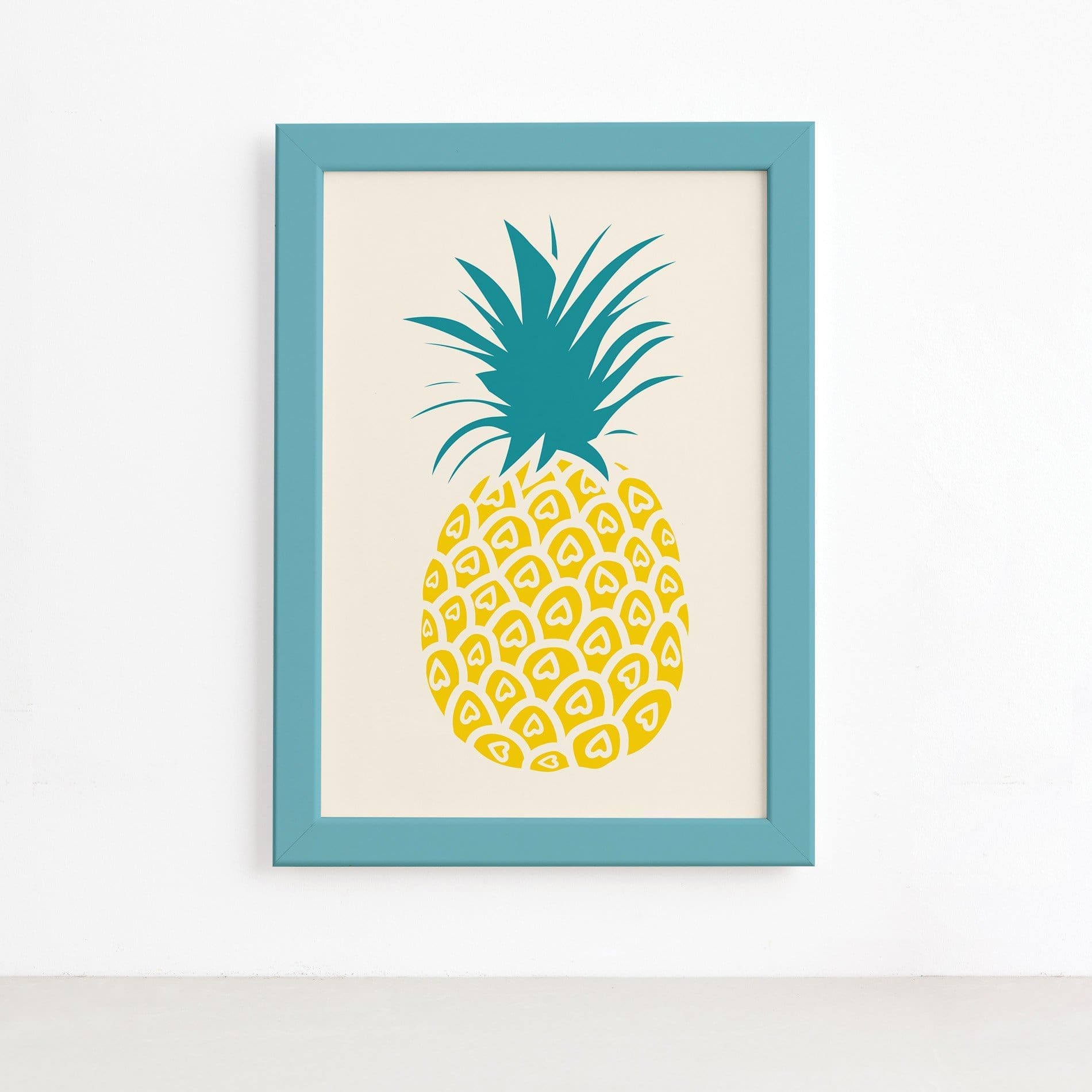 Quadro Abacaxi Coracões Moldura Azul 22x32cm