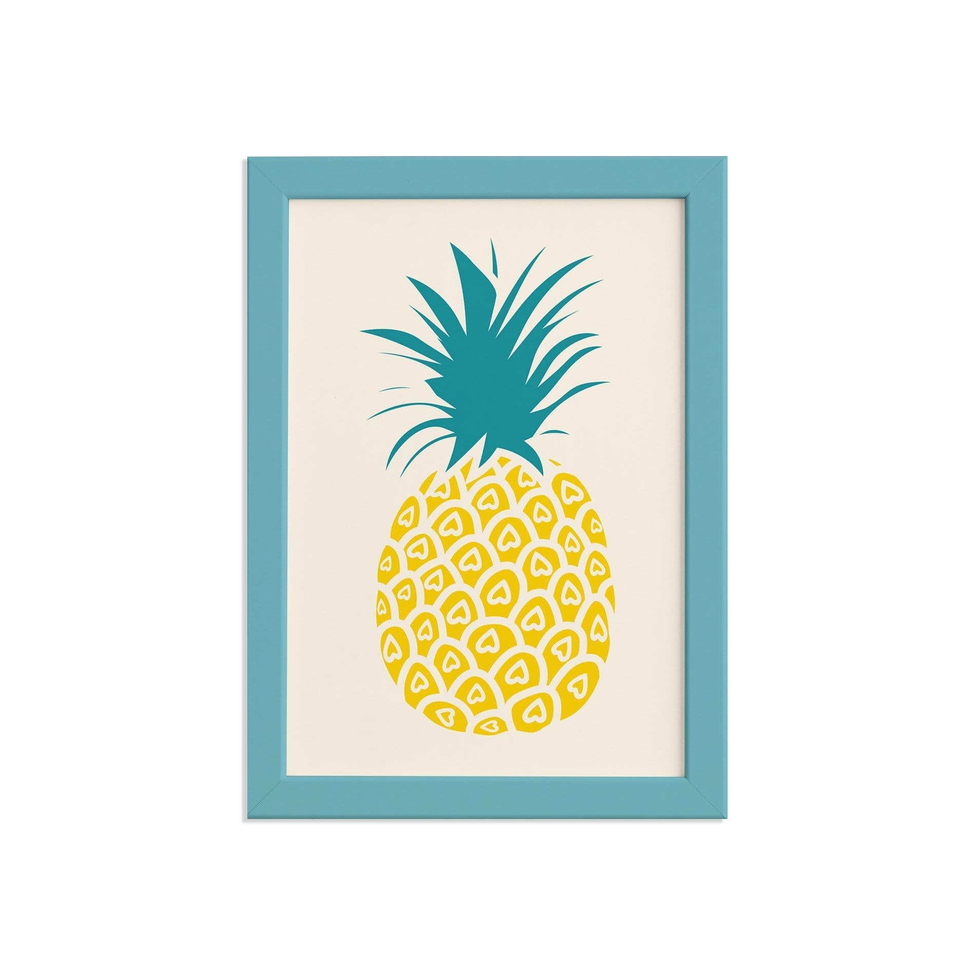 Quadro Abacaxi Coracões Moldura Azul 22x32cm