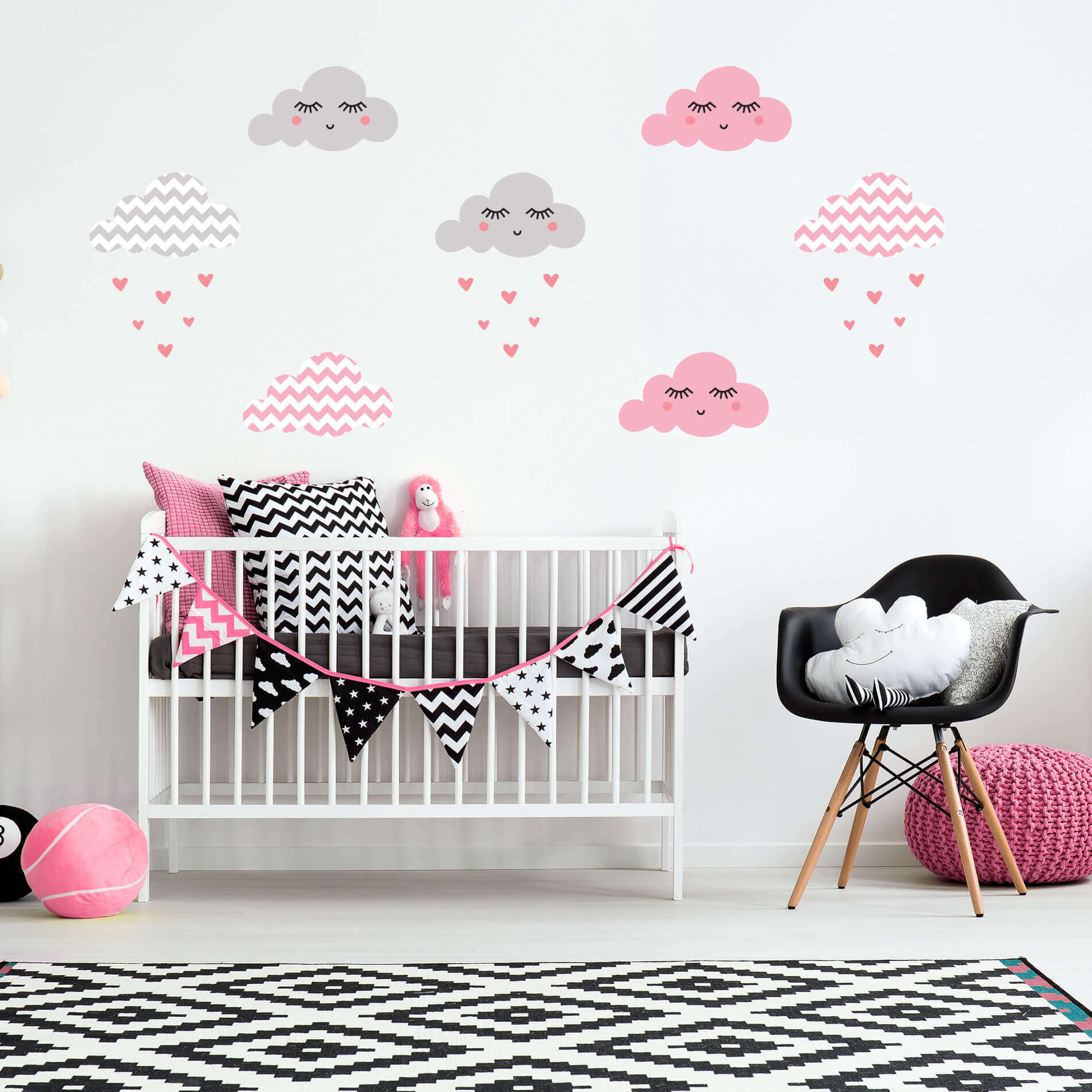 Adesivo de Parede Infantil Nuvens Chevron Rosa
