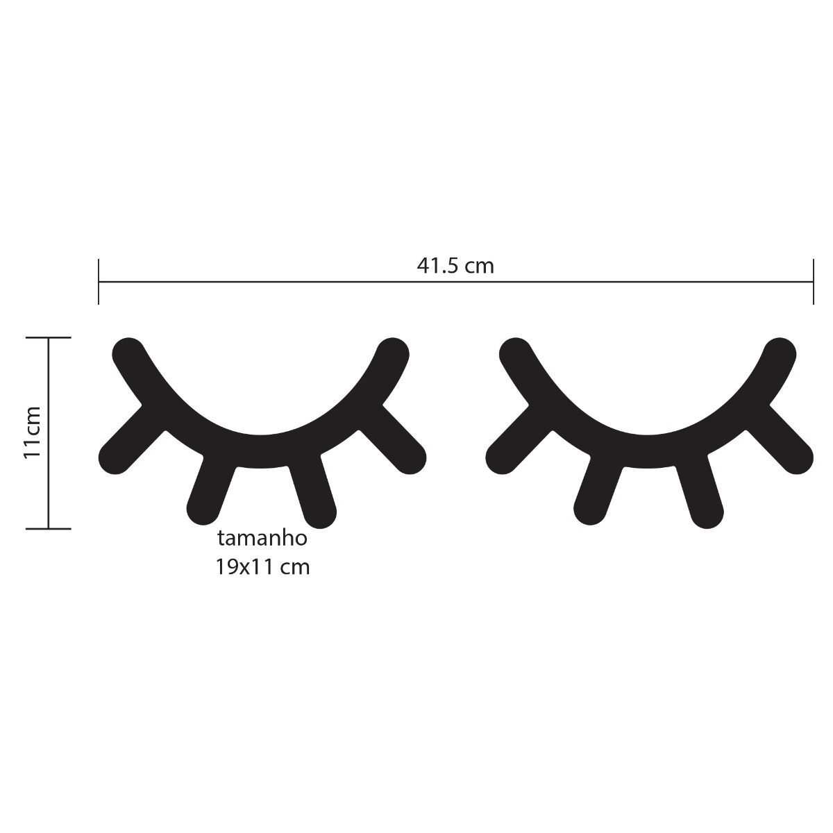 Imagem técnica mostrando as dimensões do adesivo de parede Cílios, com medidas detalhadas.