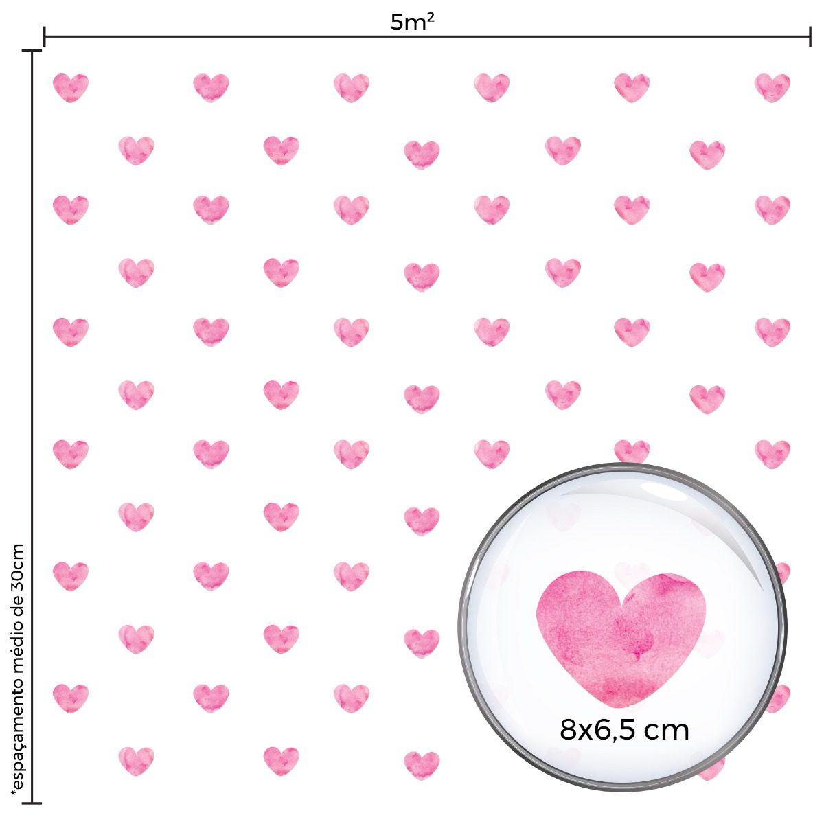 Adesivo de Parede Corações Aquarela Rosa 55 un Cobre 5m2