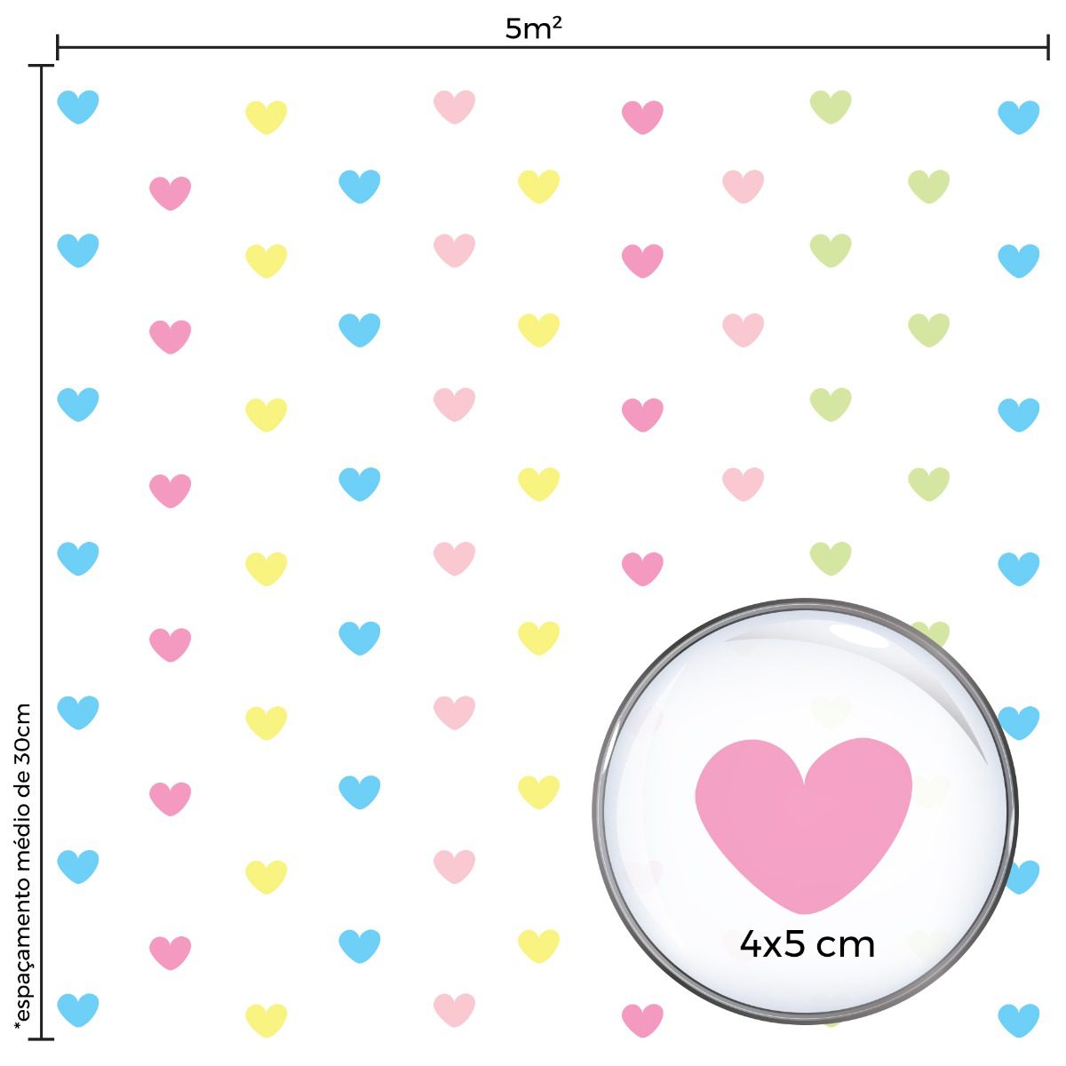 Adesivo de Parede Corações Candy Colors 5cm 55un