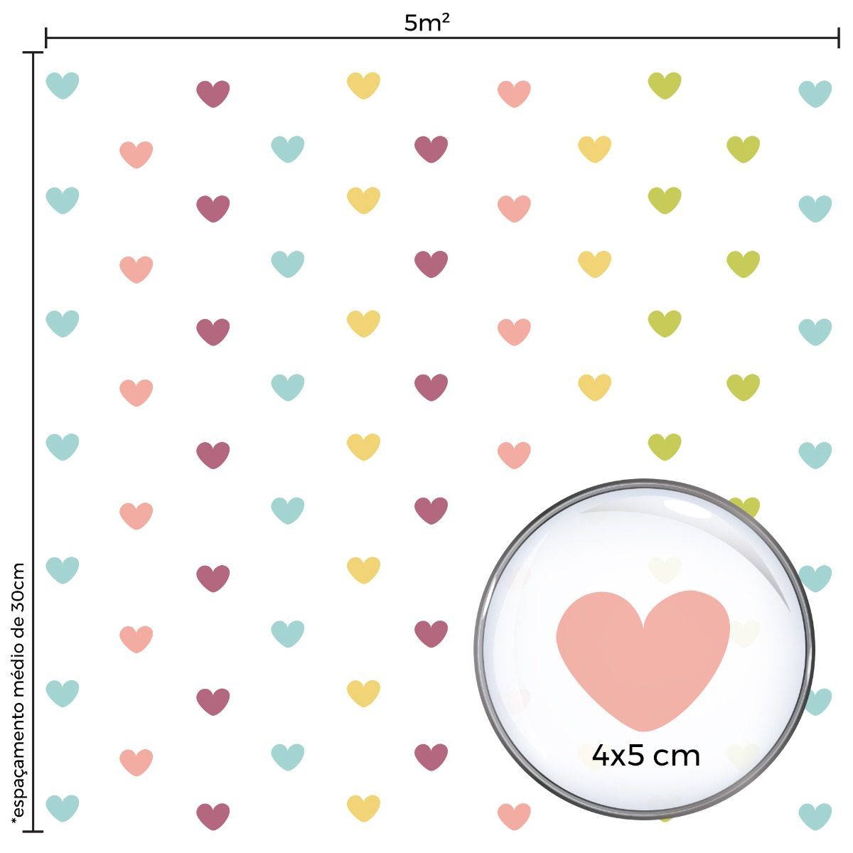 Adesivo de Parede Corações Coloridos 5cm 55un