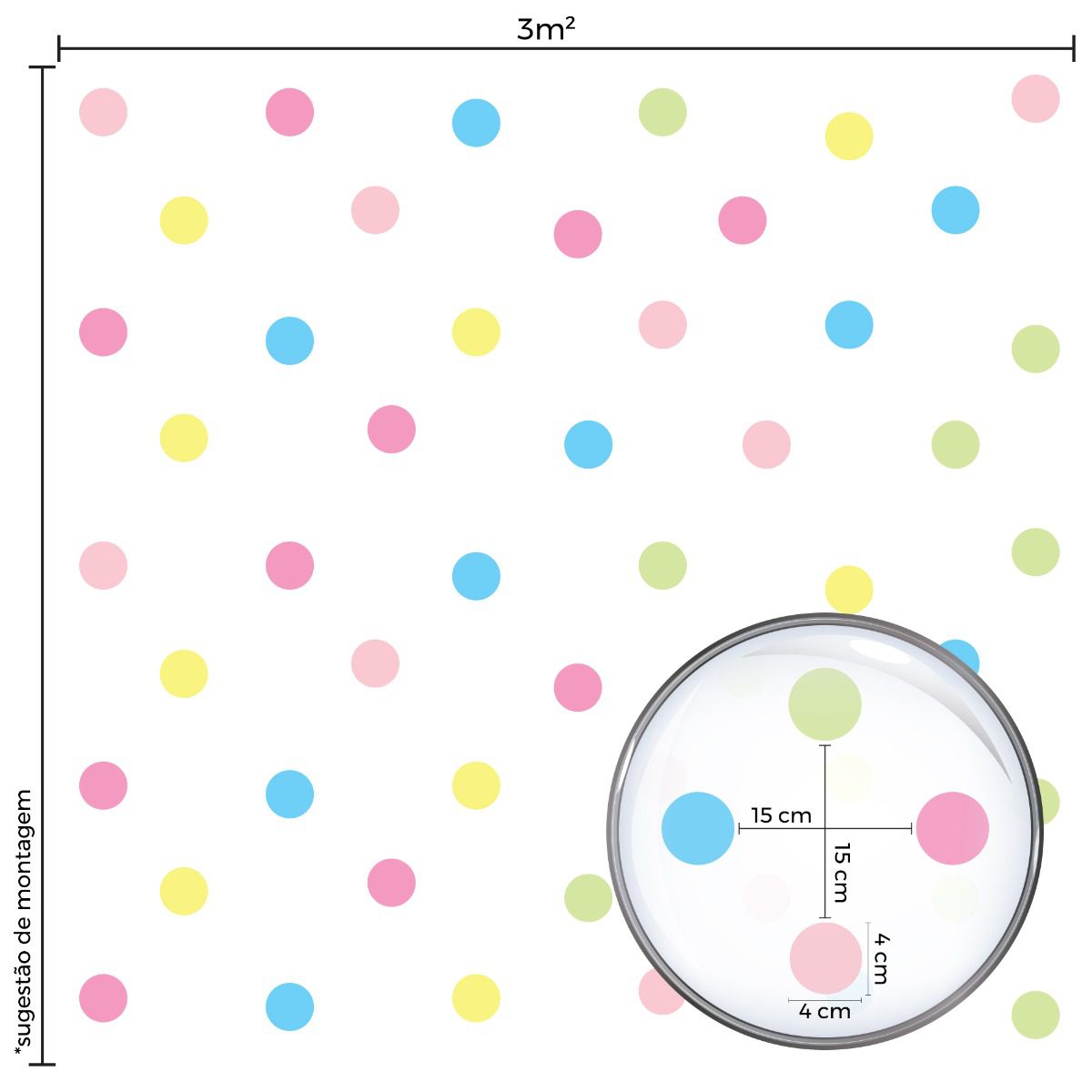 Dimensões e aplicação do adesivo de parede bolinhas coloridas Candy Colors com 3 metros quadrados e bolinhas espaçadas