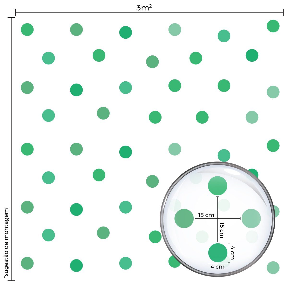 Imagem técnica mostrando dimensões do adesivo infantil de parede com bolinhas em tons de verde, destacando medidas e espaçamento.