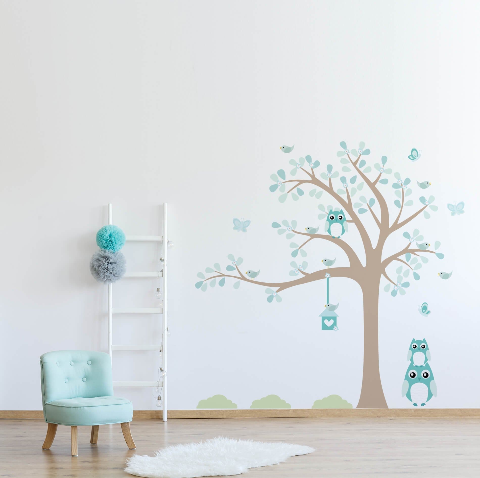 Adesivo de Parede Infantil Arvore Coruja Baby Turquesa