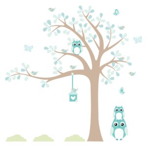 Adesivo de Parede Infantil Arvore Coruja Baby Turquesa