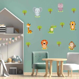 Adesivo de Parede Zoo Animais Safari kit 18 Adesivos