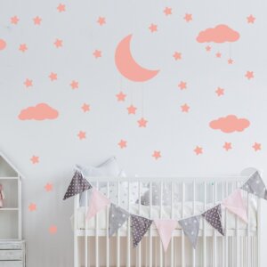Adesivo de Parede Infantil Nuvens Lua e Estrelas Rosa