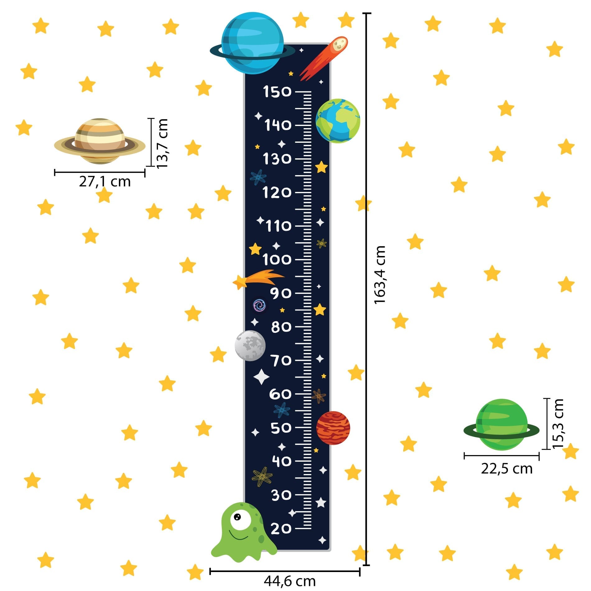Imagem detalhada do adesivo infantil régua sistema solar com dimensões para auxiliar na aplicação.