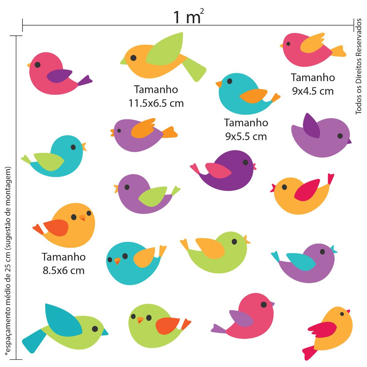 Adesivo de Parede Passarinhos Coloridos 18un Cobre 1m²