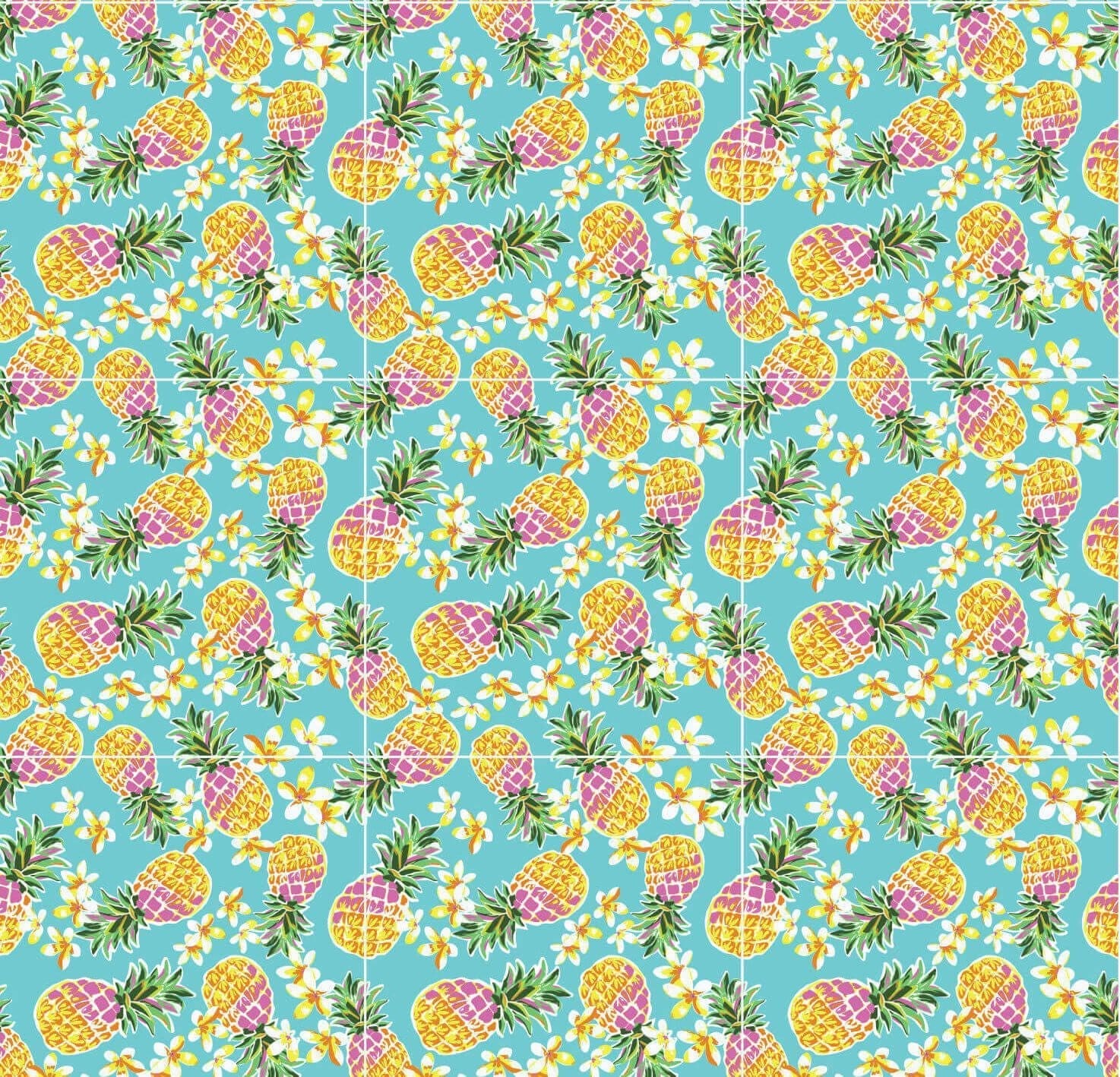 Imagem ilustrativa do adesivo de azulejo colorido com padrão de abacaxis aplicado em parede.