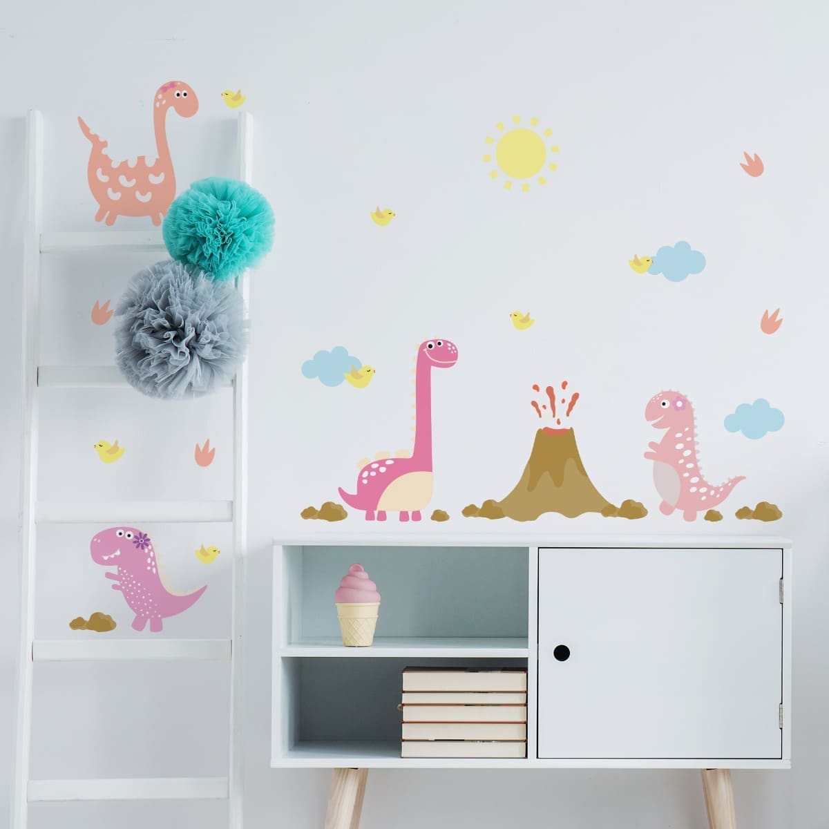 Adesivo de Parede Dinossauro Menina e Vulcão Cobre 1m²