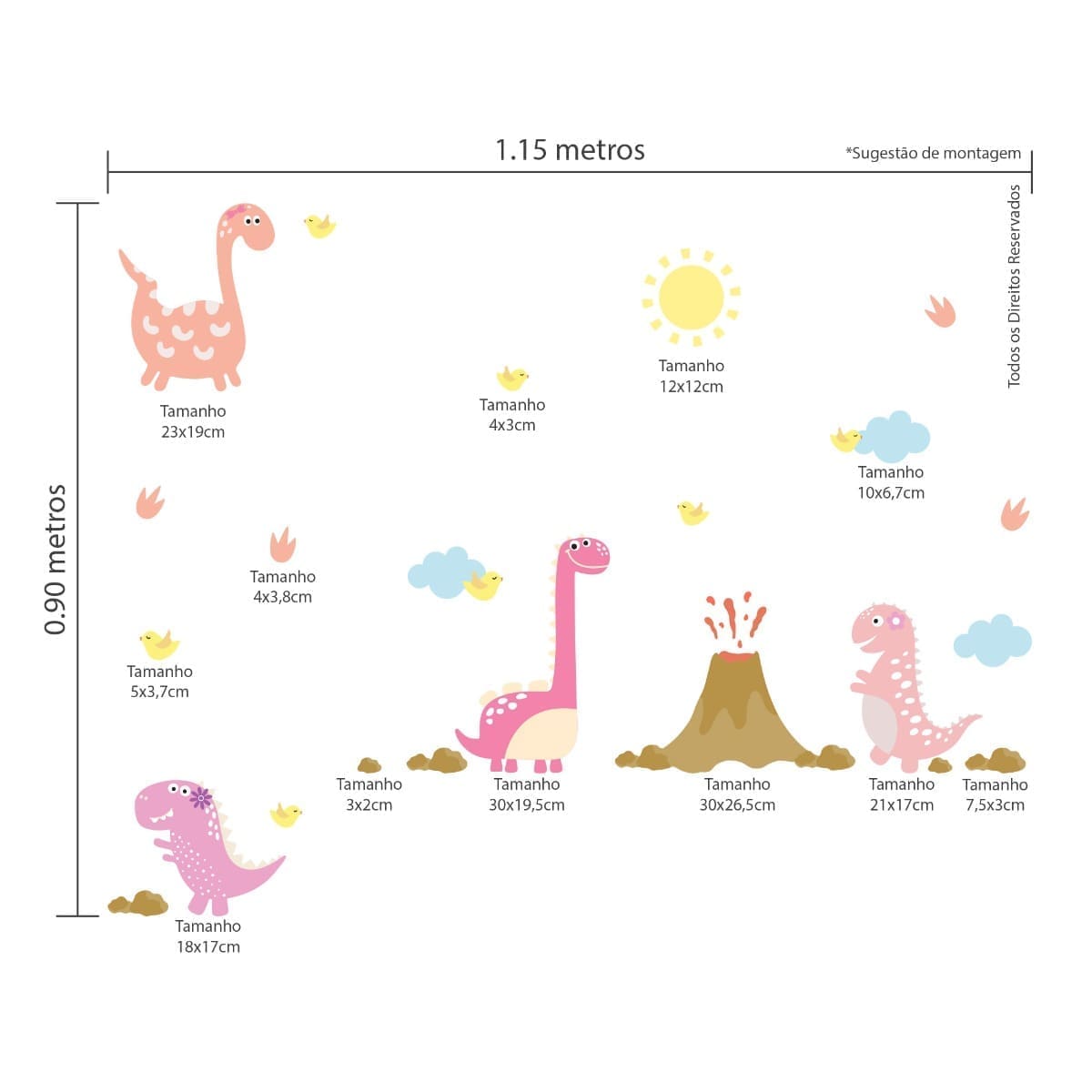 Adesivo de Parede Dinossauro Menina e Vulcão Cobre 1m²