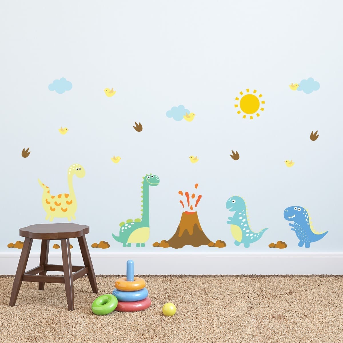 Adesivo de Parede Dinossauros e Vulcão Infantil Cobre 1m²