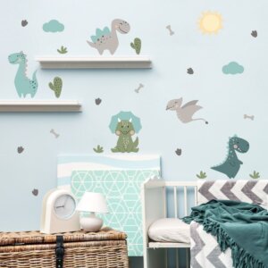 Adesivo de parede de dinossauro em quarto com berço