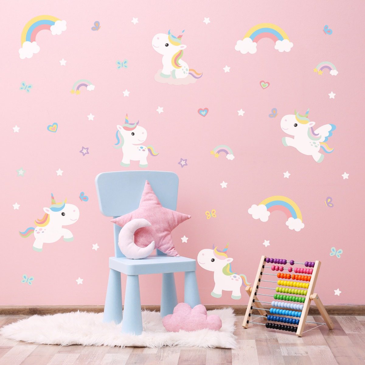 Adesivo de Parede Unicórnio Branco e Arco-Iris Cobre 1,6m²
