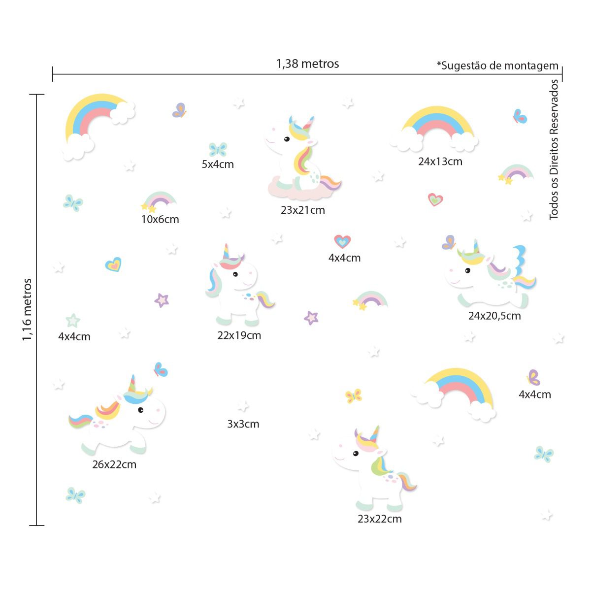 Adesivo de Parede Unicórnio Branco e Arco-Iris Cobre 1,6m²