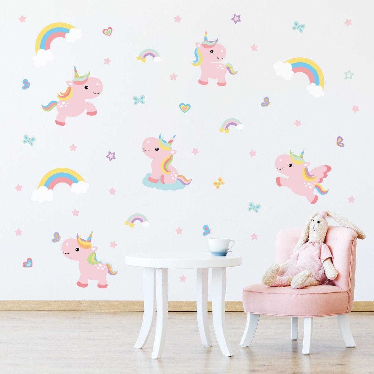 Adesivo de Parede Unicórnio Rosa e Arco-Íris Cobre 1,5m²