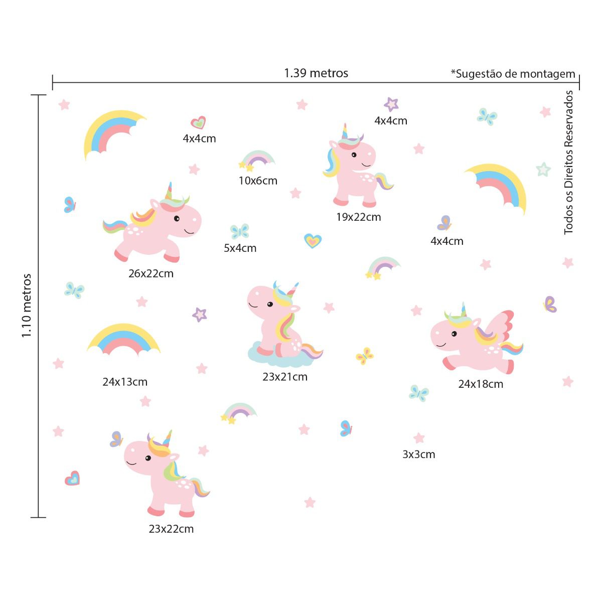 Adesivo de Parede Unicórnio Rosa e Arco-Íris Cobre 1,5m²