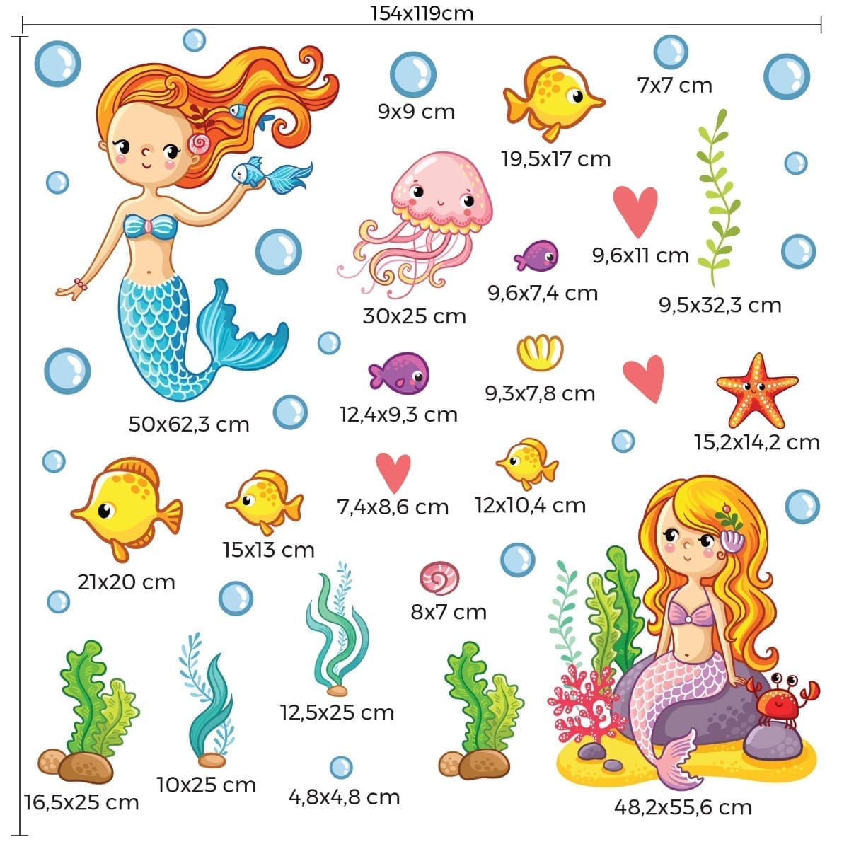 Imagem mostrando adesivos de parede Fundo do Mar Sereias com dimensões detalhadas para aplicação