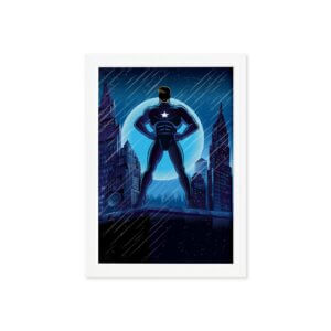 Quadro Super Heróis Geek Azul Estrela Moldura Branca 22x32cm