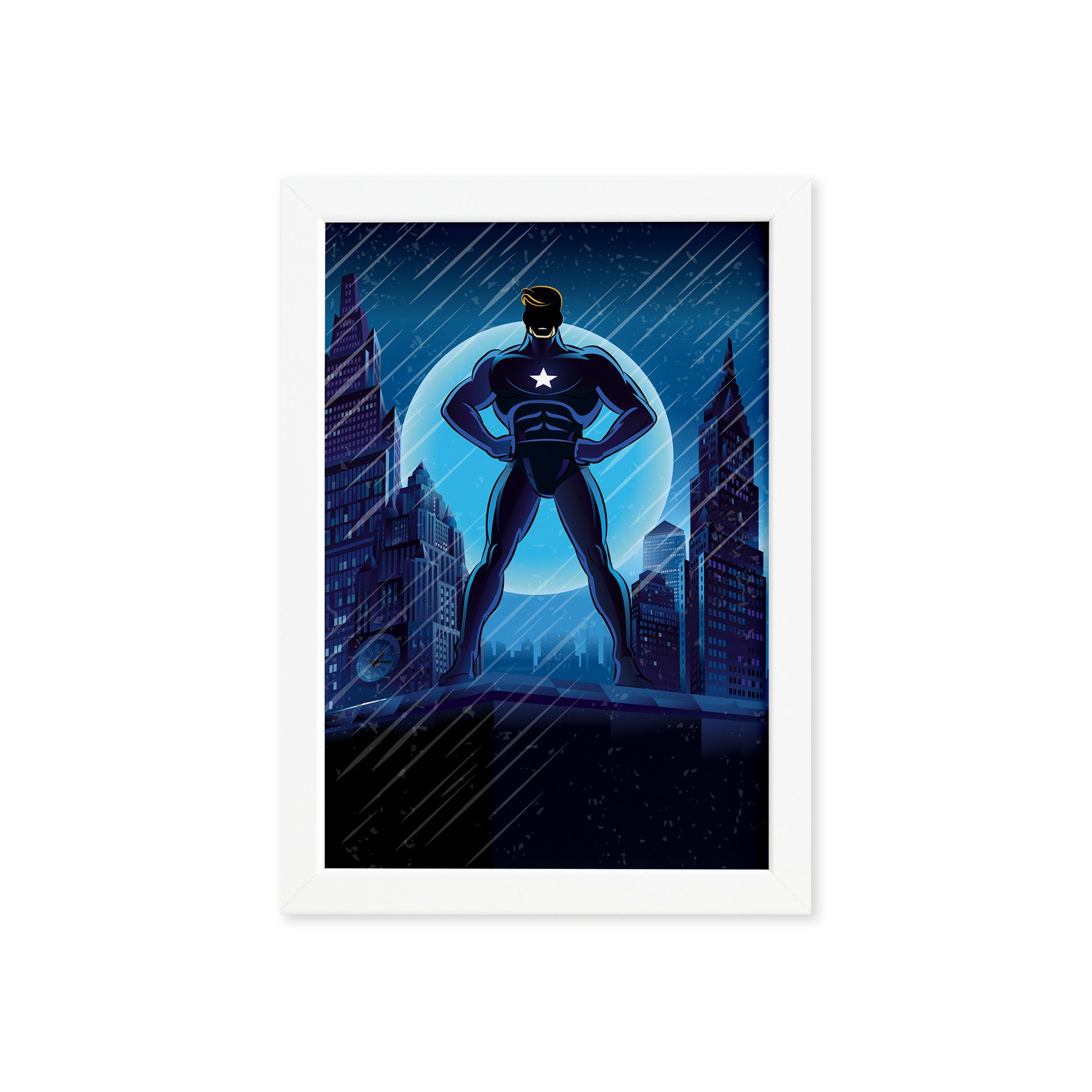 Quadro Super Heróis Geek Azul Estrela Moldura Branca 33x43cm