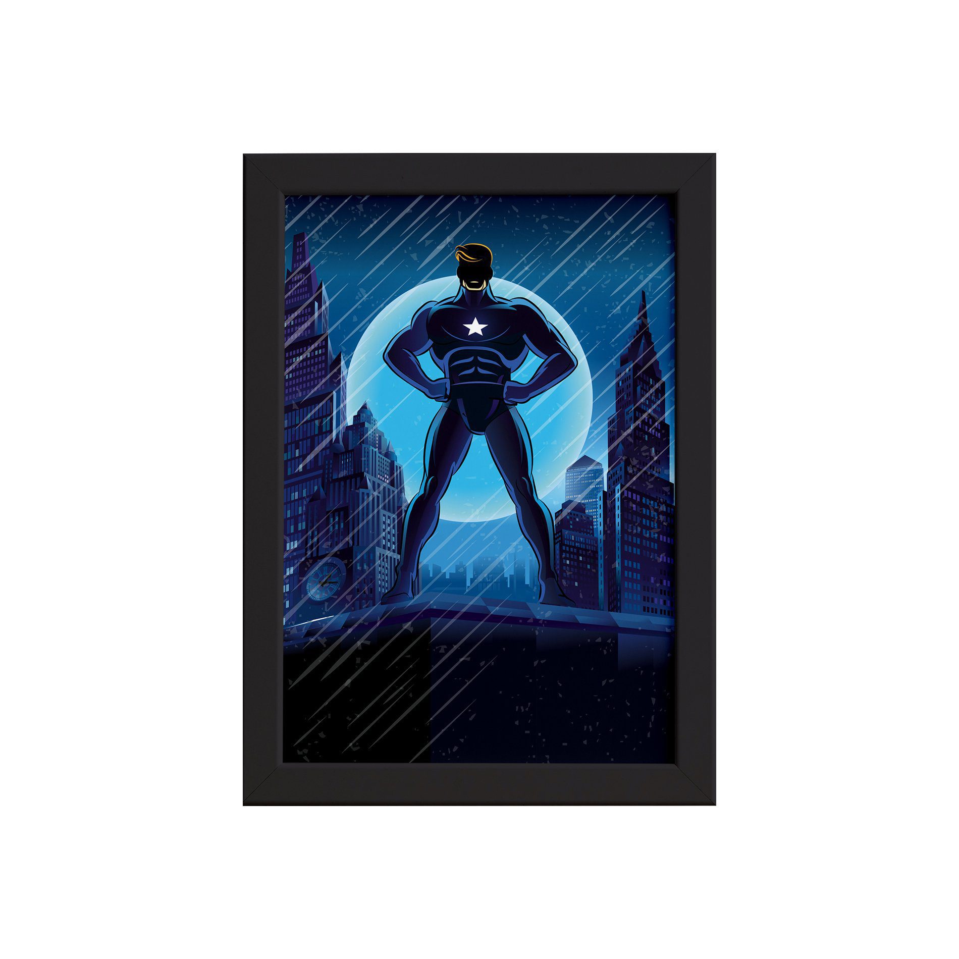 Quadro Super Heróis Geek Azul Estrela Moldura Preta