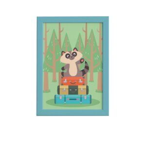 Quadro Animais Guaxinim Viajante Moldura Azul 22x32cm