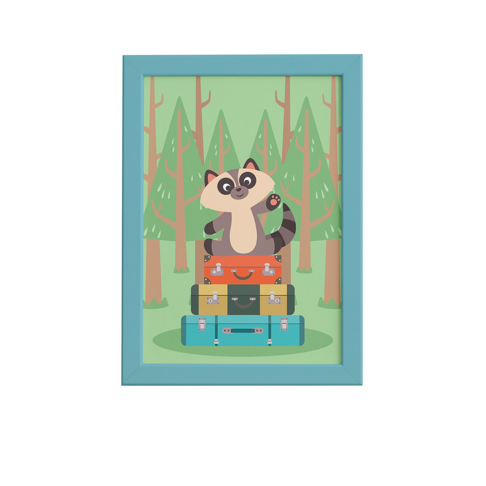 Quadro Animais Guaxinim Viajante Moldura Azul 22x32cm