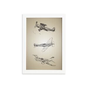 Quadro Vintage Moldura Branca Aviões Antigos Triplo