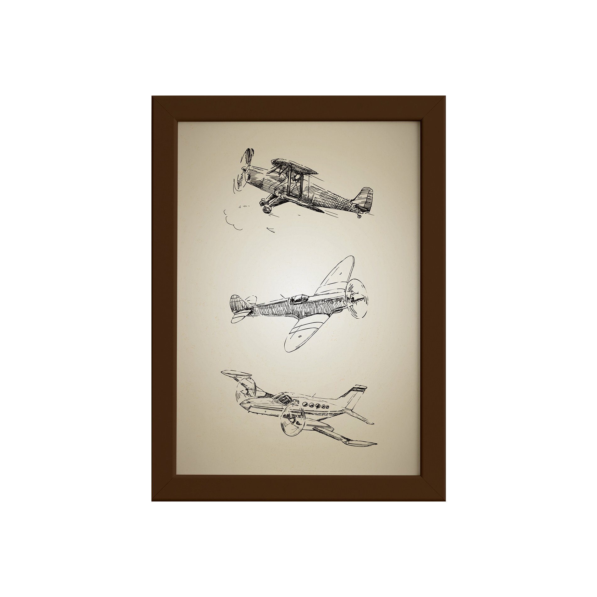 Quadro Vintage Moldura Marrom Aviões Antigos Triplo 