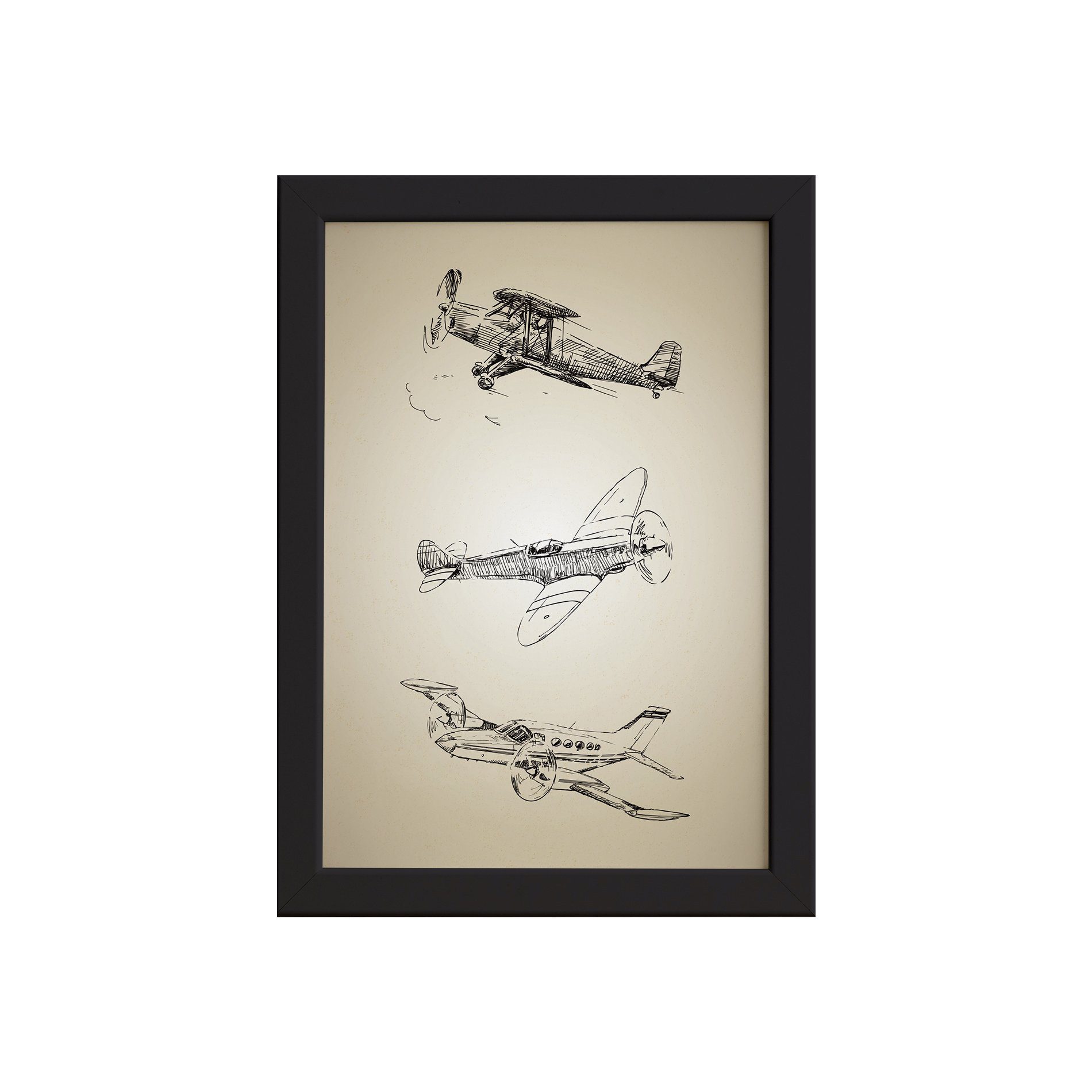 Quadro Vintage Moldura Preta Aviões Antigos Triplo