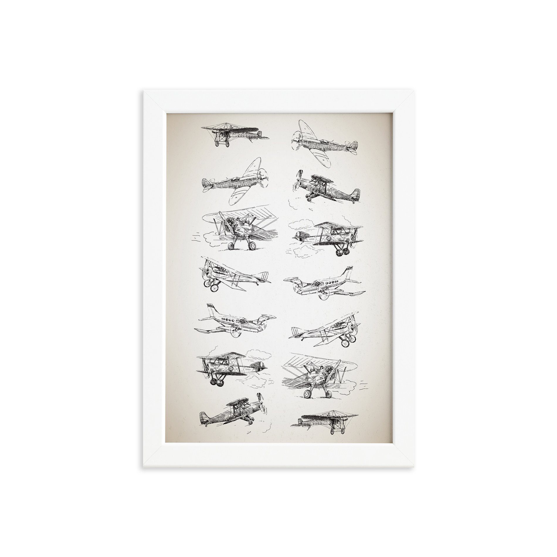 Quadro Vintage Moldura Branca Aviões