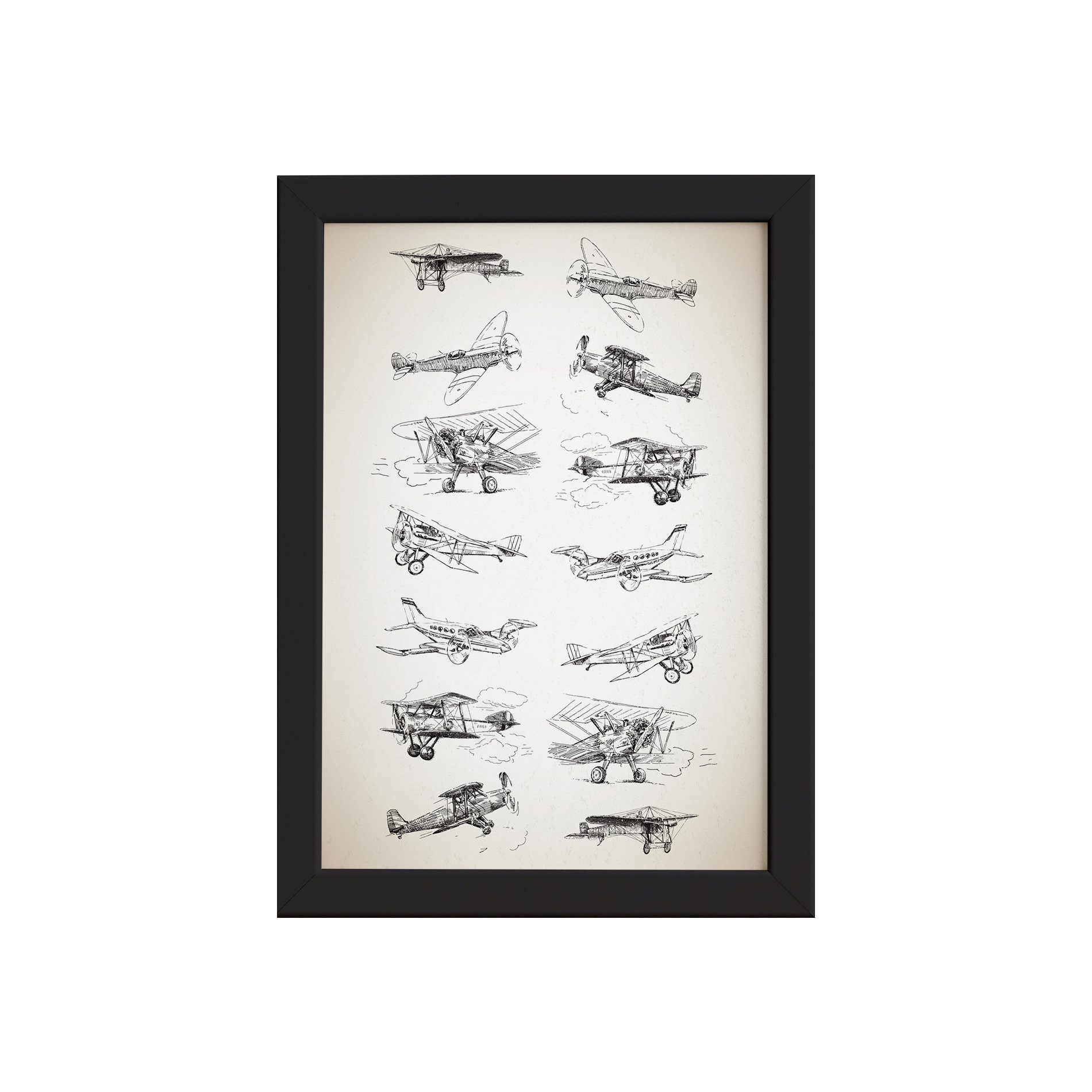 Quadro Vintage Moldura Preta Aviões