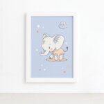 Quadro Infantil Elefante Bebê Estrelas Moldura Branca 33x43