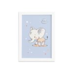 Quadro Infantil Elefante Bebê Estrelas Moldura Branca 22x32