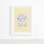 Quadro Infantil Elefante Bebê de Óculos Moldura Branca 33x43