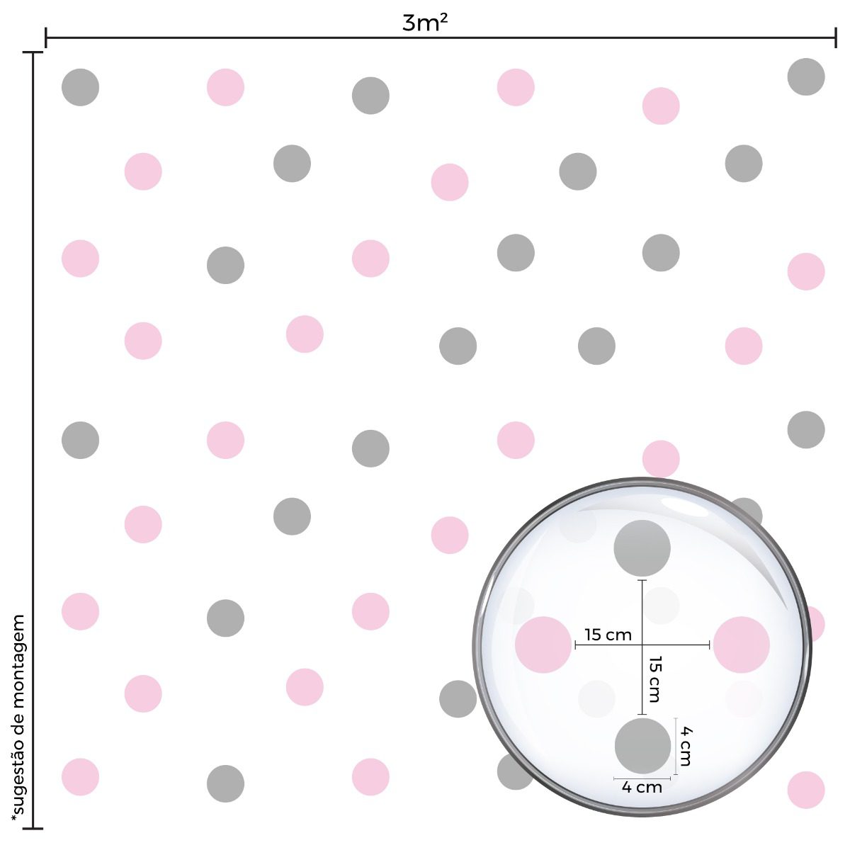 Imagem ilustrativa do adesivo de parede com bolinhas rosa bebê e cinza, mostrando dimensões e espaçamento.