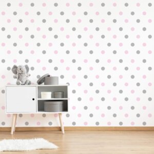Adesivo de Bolinhas Rosa Bebê e Cinza 4cm 144 un Cobre 3m²