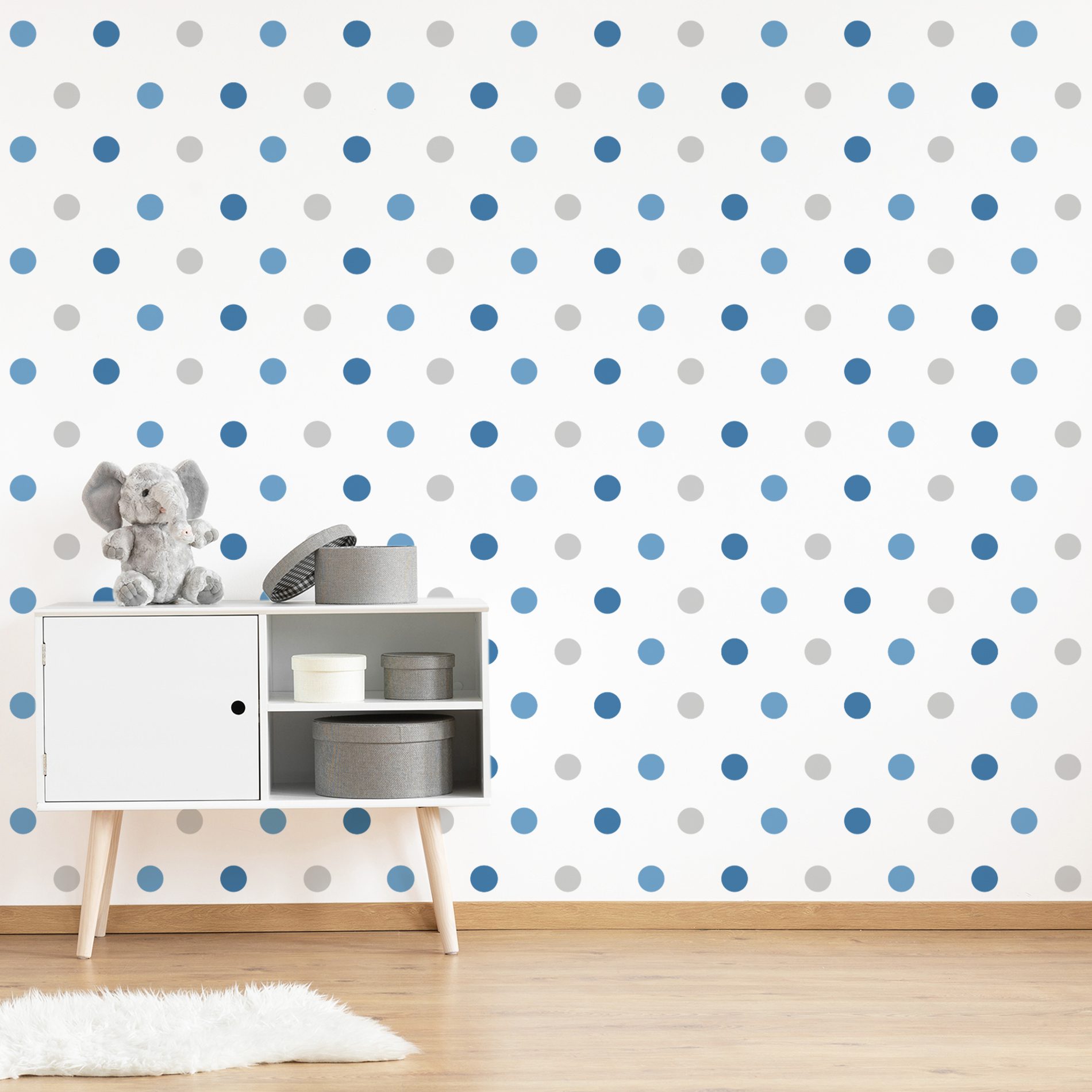 Adesivo de Bolinhas Azuis e Cinza 4cm 144 un Cobre 3m²