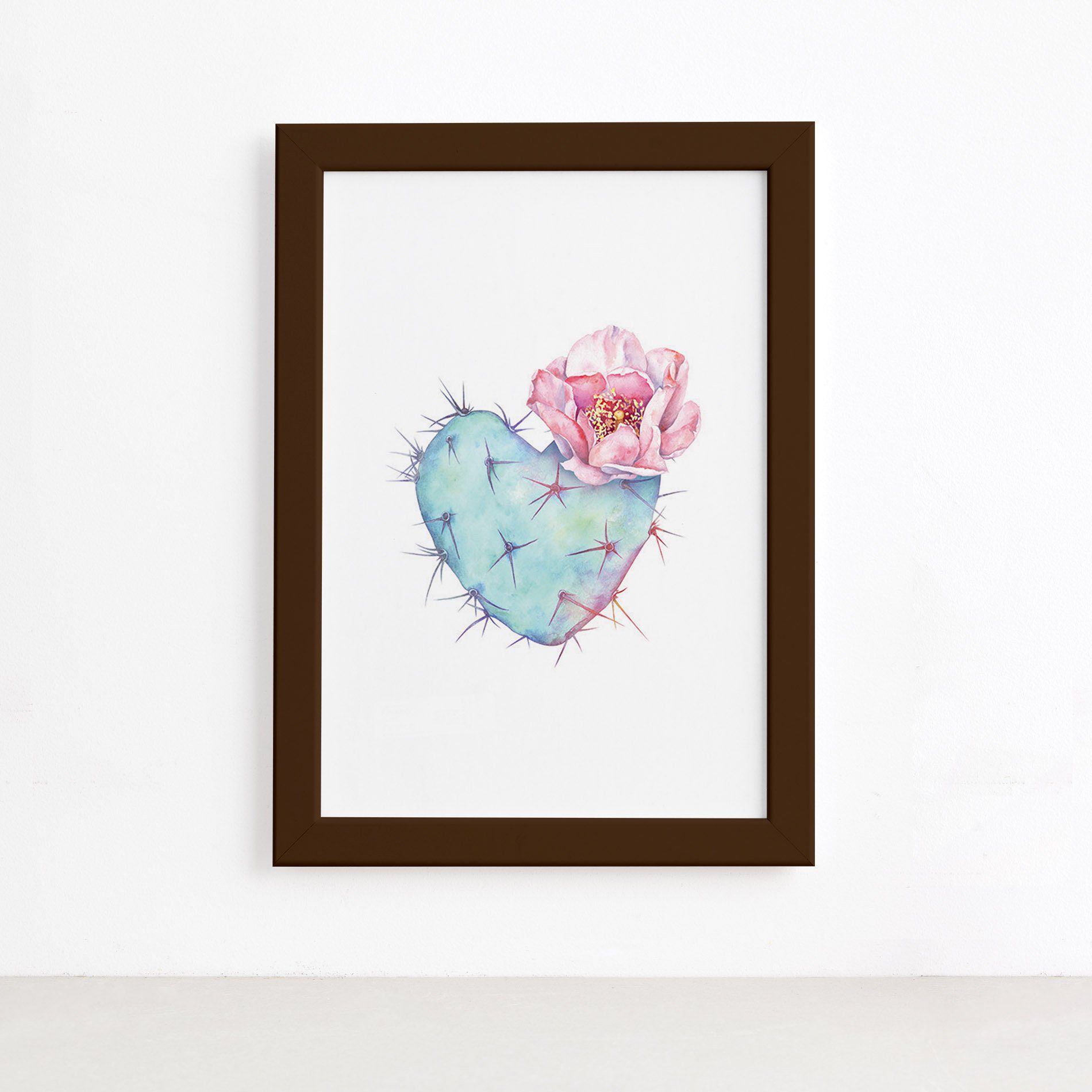 Quadro Cacto e Coração Moldura Marrom 33x43cm