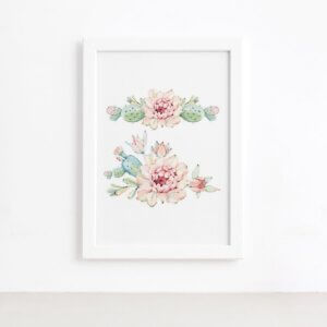 Quadro Cacto Flores Moldura Branca 33x43cm