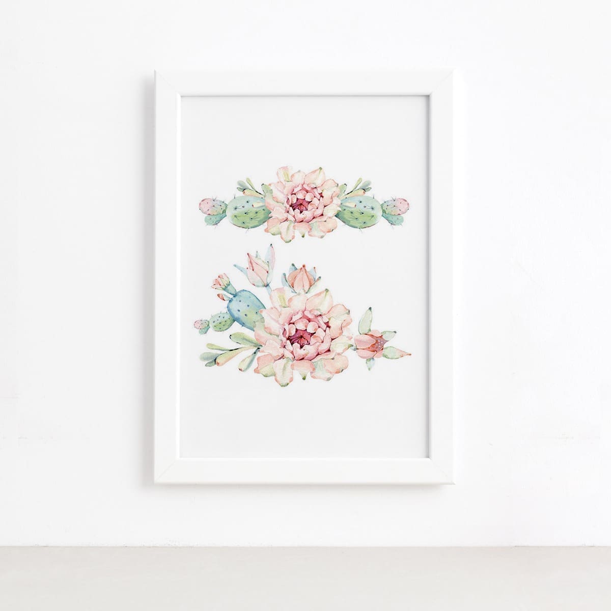 Quadro Cacto Flores Moldura Branca 33x43cm