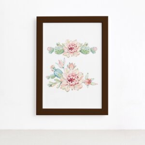 Quadro Cacto Flores Moldura Marrom 22x32cm