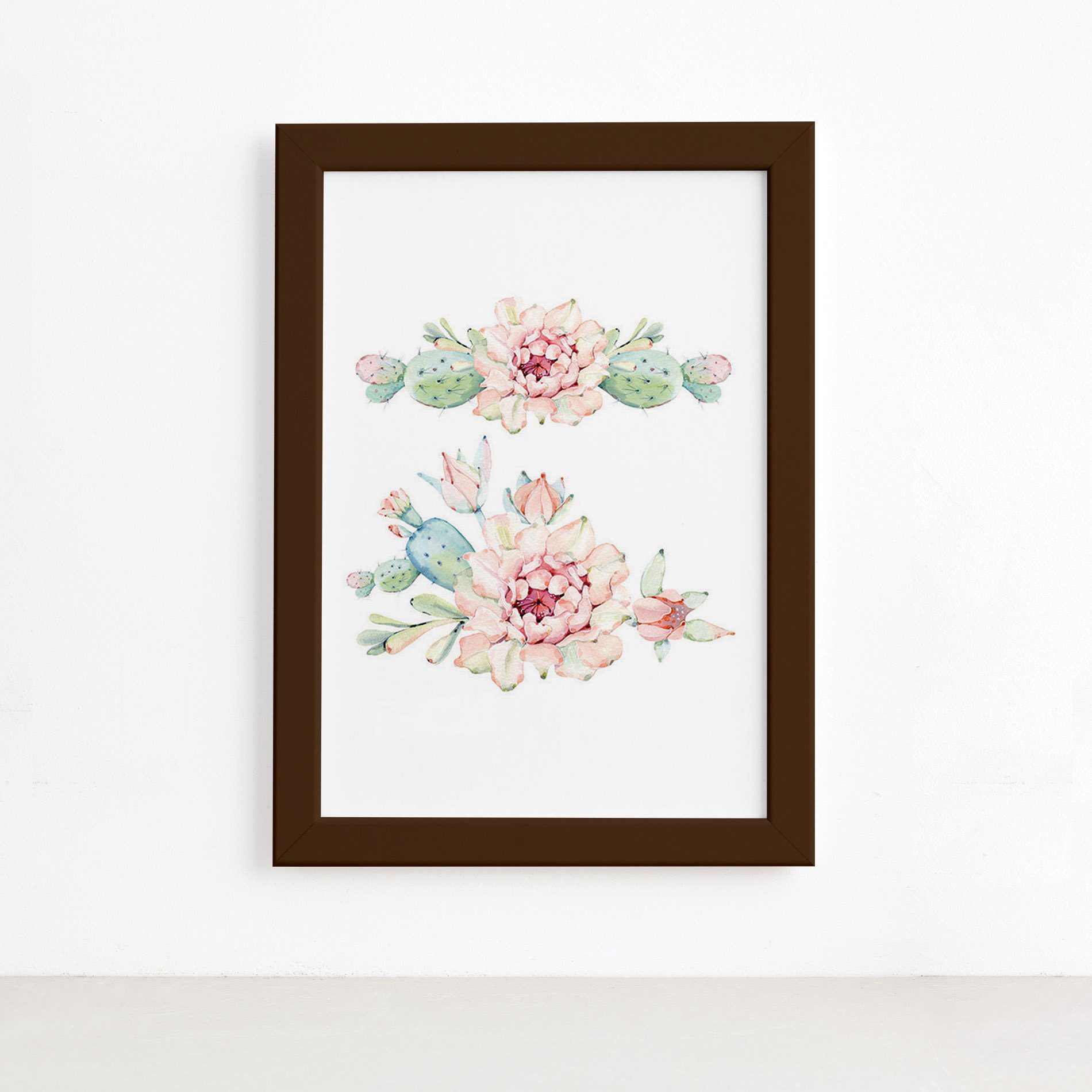 Quadro Cacto Flores Moldura Marrom 22x32cm